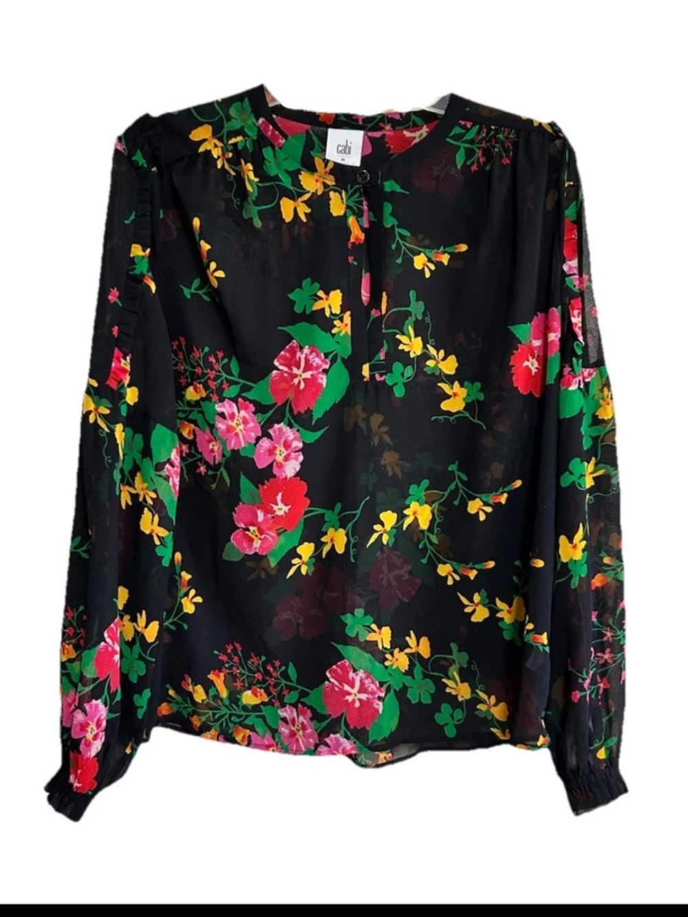 Cabi Thespian Blouse Size Medium Midnight Flowers Cottagecore Bohemian Black